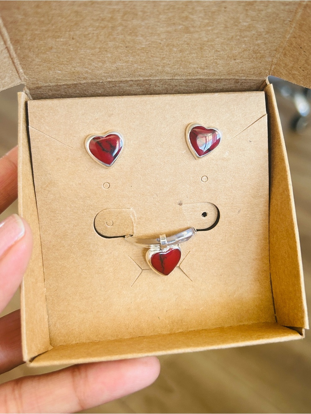 Taxco Mexico .925 Sterling Silver Heart Jewelry Set – Red Stone – Aprox  1.5 CM - Picture 4 of 10